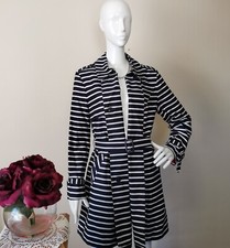 Laura Ashley Taille 16 Blue Cream Stripe Belted Trench Coat Double Breasted #33c
