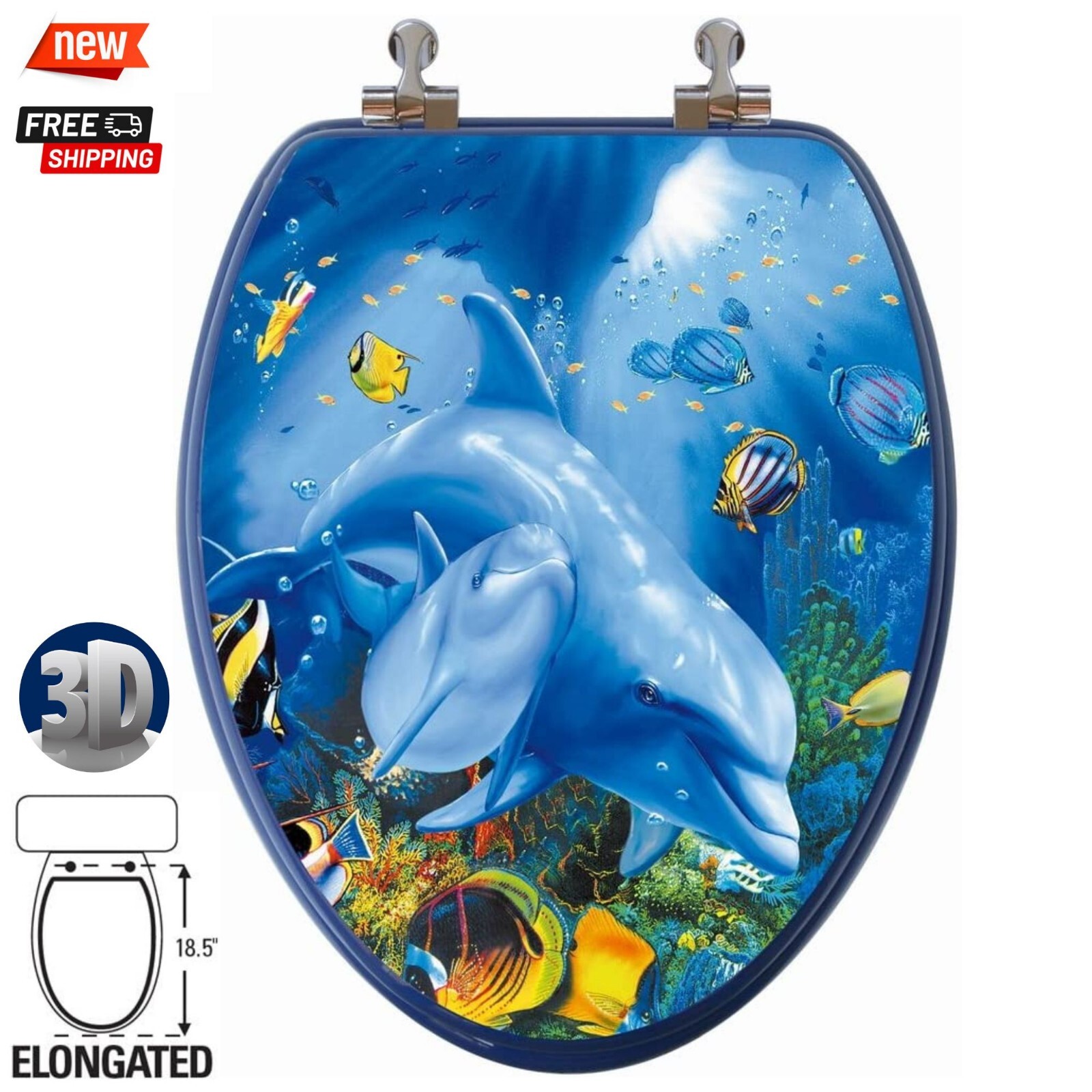 3D Dolphin Elongated Toilet Seat Blue Ocean Nautical Beach Themed Bathroom Decor