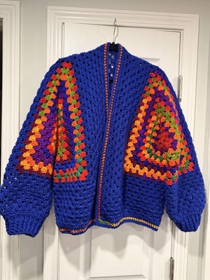 Handmade Crochet Granny Square One Size Cozy Cardigan Boho Chunky Knit Sweater