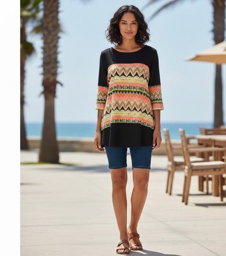 Yahada Womens Black Tunic Top With Multicolor Chevron Print 3/4 Sleeves Lightwei