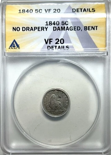 1840 Seated Liberty Half Dime,  ANACS VF Details,   H10c -No Drapery, 90% Silver