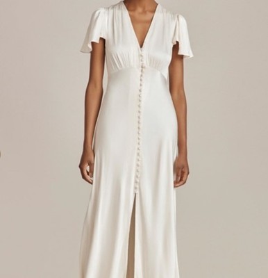 Ghost London Grace Dress Womens XS Ivory Satin Button Front Flutter Sleeve Maxi