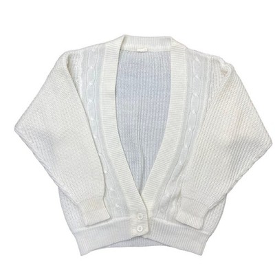 Stor weiße Strickjacke mit Zopfmuster 90er abstrakt Vintage Damen groß