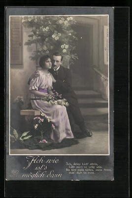 Foto-AK EAS: Ach wie ist´s möglich denn, Liebespaar mit Blumen 