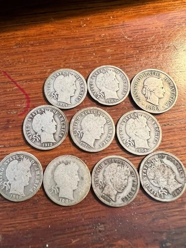 Lot Of 10 Barber Silver Dimes  1908 1914 1907 1912 1898 1906 1901 1911 1916 1883