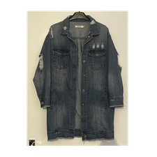 Womens Oversized Distressed Denim Jacket Longline Blue Jean Jacket S/M Y2K