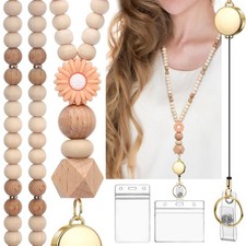 Teacher Lanyard with ID Holder Retractable Wooden Beaded Lanyard for Women