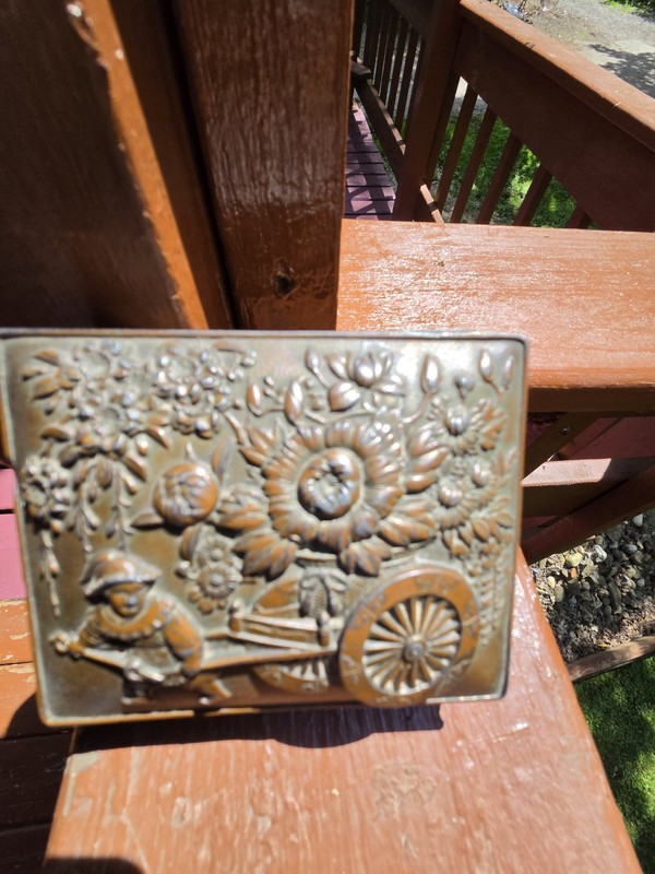 ANTIQUE ORNATE BRASS SNUFF BOX .man Pulling Flower Cart..got Some Age To It..