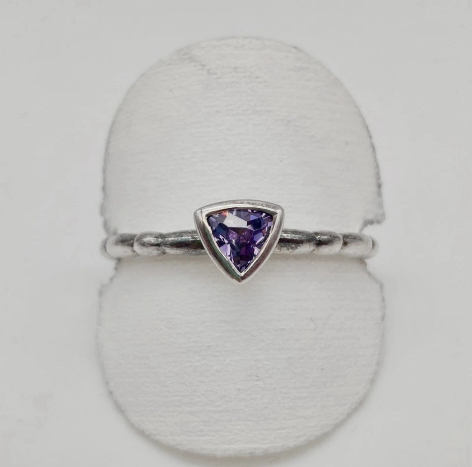 Anello Fedina Argento 925 E Cristallo Viola Taglio Brillante Vintage Gioiello - Immagine 4 di 4