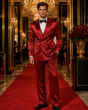 Men Red Satin 2 Piece Suit Double Breasted Prom Wedding Gala Tuxedo