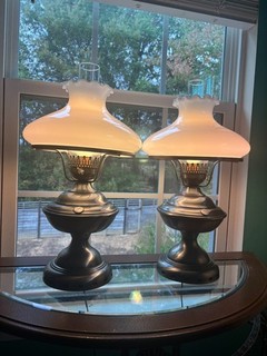 Pair of Vintage Hurricane Lamps with Milk Glass Shades – Excellent Condition