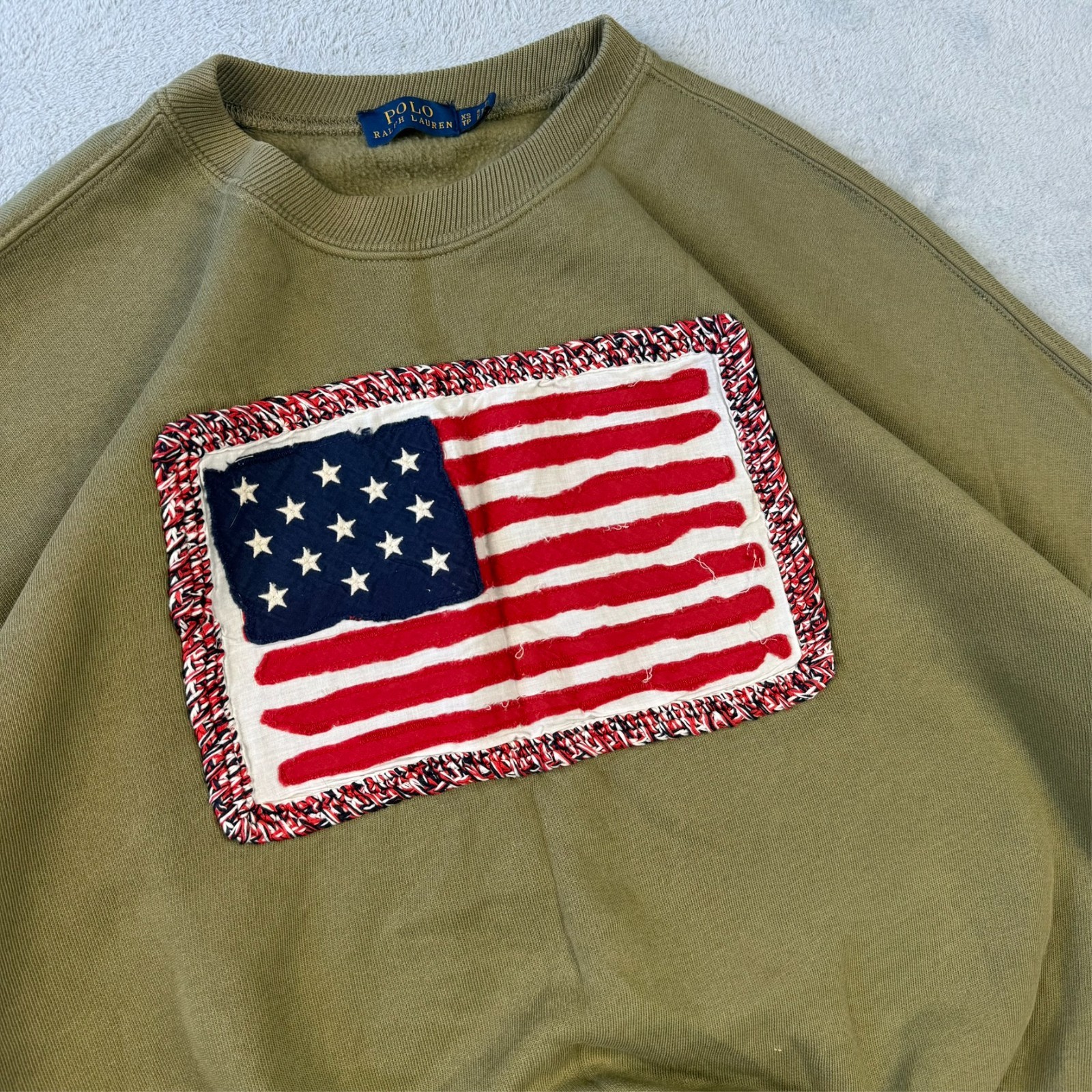 VTG Polo Ralph Lauren Khaki Green USA Flag Oversized Size XS Pullover Sweatshirt image 4