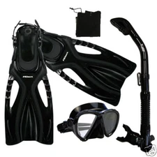 Adult Snorkeling Gear Set Silicone Dive Mask Dry Snorkel Fins Flippers Bag