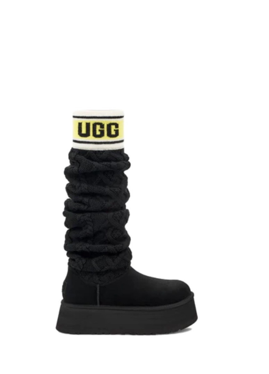 UGG CLASSIC SWEATER LETTER TALL KNIT SUEDE BLACK PLATFORM BOOTS