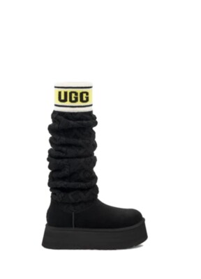 UGG CLASSIC SWEATER LETTER TALL KNIT SUEDE BLACK PLATFORM BOOTS