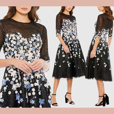 NWT MAC DUGGAL [ 12 ] 11161 Floral Embroidered A-Line Tea-Length Dress Blac J953