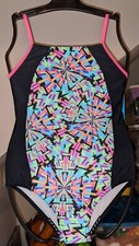 Girls One Piece Speedo Swimsuit Neon Geometric Print UPF 50 Size XS