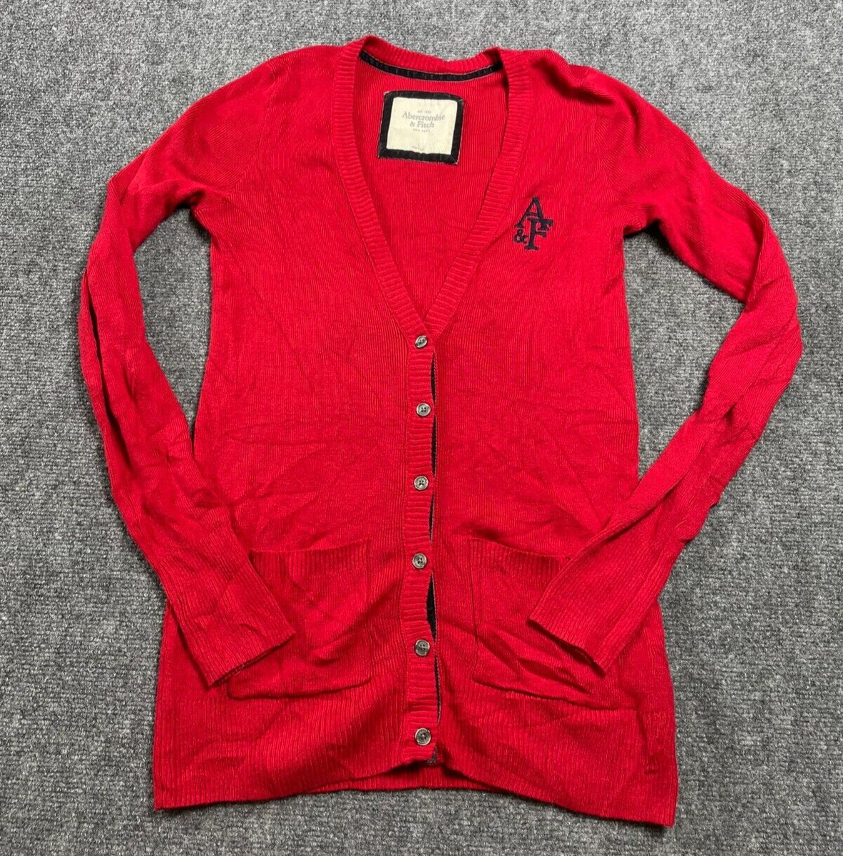 Abercrombie Fitch Women’s Red Lightweight Pockets Logo Cardigan Sweater  Size L