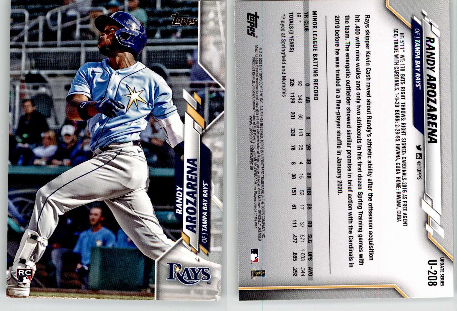 Randy Arozarena 2020 Topps Update U-208 Rays Mariners RC Rookie