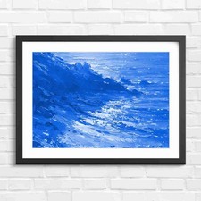 Impressionist Coastal Ocean Cliff Blue Framed Wall Art Print Large Picture Home