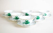Herend Chinese Bouquet Green Footed Cups & Saucers #734 Set of 6 Vintage