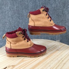 Lands End Saltwater Rain Duck Boots Womens 8 M Ankle Lace Up Leather Tan Red