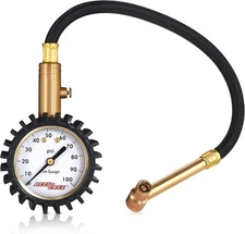 Tire Pressure Gauge with Hose and Protective Rubber, 100 PSI Right Angle Chuck