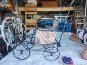 Vintage Metal Doll Buggy Stroller Black Frame Floral Fabric Seat