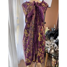 Purple Batik Floral Sarong Beach Wrap Fringe Trim Tropical Swim Cover Up
