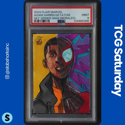 2024 FLAIR MARVEL ARTIST SKETCH SPIDER-MAN MORALES ADAM H/GETATOM AUTO 1/1 PSA 9