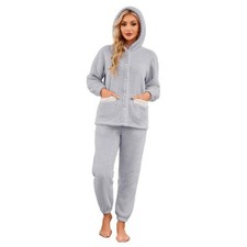 Women's Hooded Pajama Set, Soft Plush Fleece Long Large Light Grey white