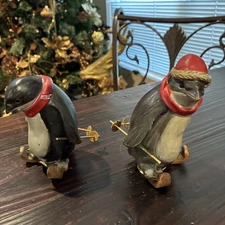 Vintage Christmas Tii Collections Skiing Penguins-set Of 2