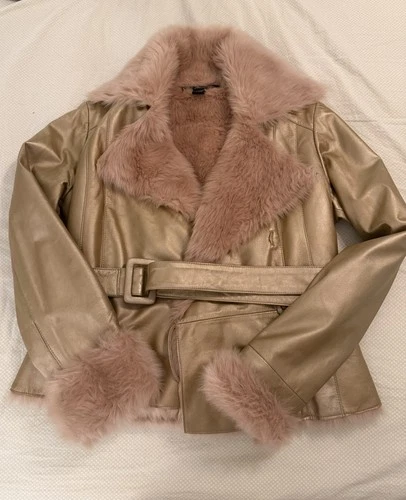 Vintage INC Gold Genuine Leather Pink Fur Trim Jacket - product listing photo