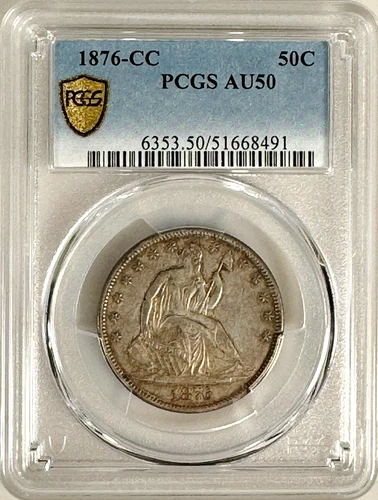 US 1876 CC Seated Liberty Half Dollar PCGS AU 50 RARE Carson City Silver 50C