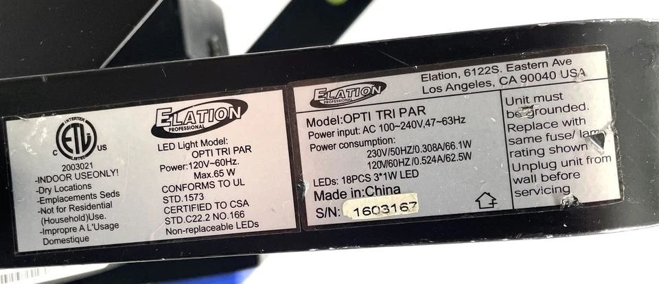 Elation Opti Tri Par LED RGB DMX Stage Light w/ Power Cable - Image 4 of 4