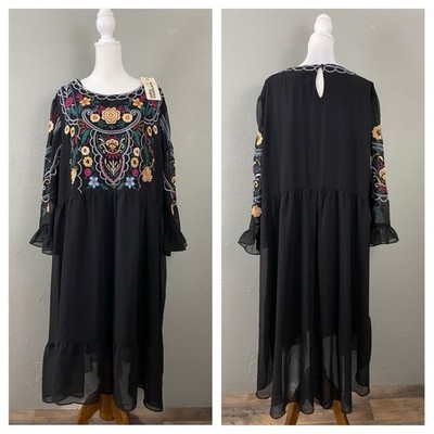 NEW Savanna Jane $69 Embroidered Floral Dress 1X Black Boho Vintage Style  Lined | eBay