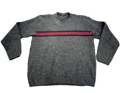 Vintage Eddie Bauer L Wool Sweater USA Made Lodge Stripe V Neck Outdoor Pullover