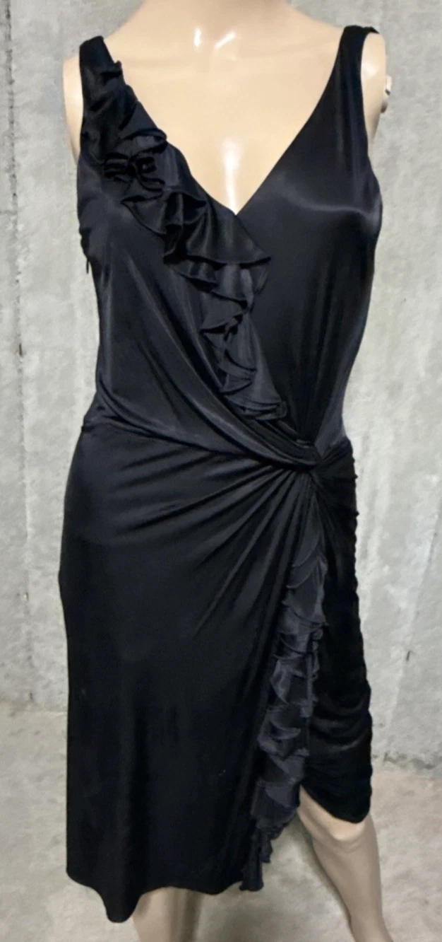 Versace — VERSACE Vintage Black Ruffle Draped Twist Wiggle LBD Cocktail Dress US 4 6 IT 42