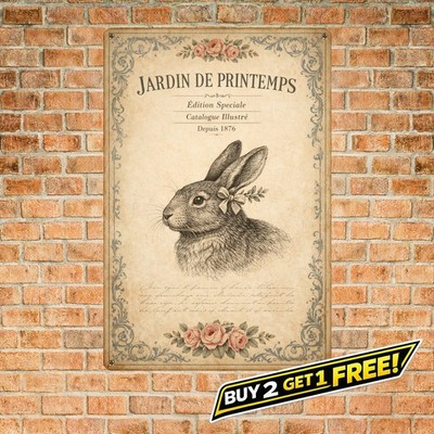 French Country Floral Rabbit Engraving Poster Tin Sign Rustic Home Wall Art 8x12
