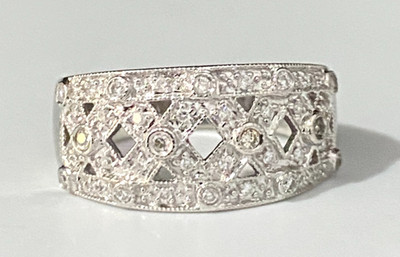 18K White Gold & 0.25CT Diamond Filigree Dress Ring Size O  - 7 1/4