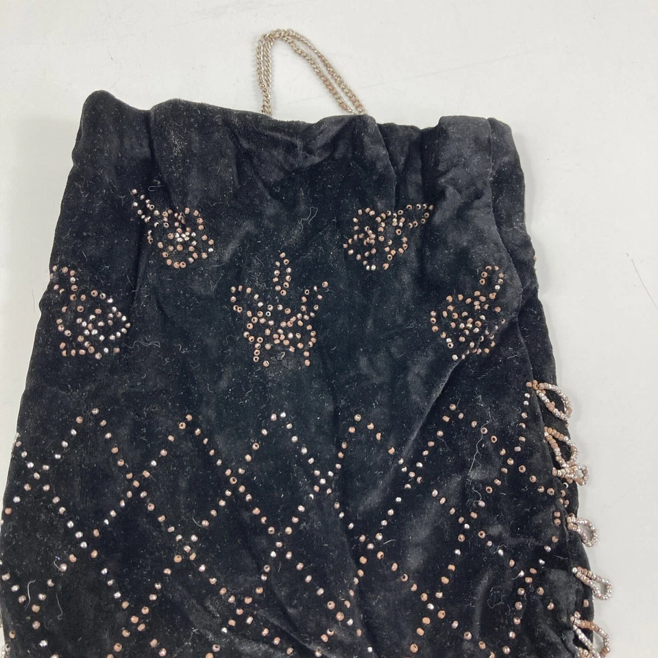 古董黑色天鹅绒钱包 9 英寸手提包金属珠环条纹链条抽绳 — 第 3/4 张图片