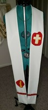 CLERGY OFFICIANT STOLE CUSTOM MADE WHITE W/CROSS  TRUMPET