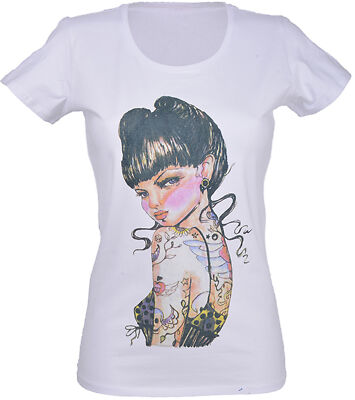 Killer Kirsche »PIN UP OLDSCHOOL TATTOO GIRL« Kurzarm T-Shirt Weiß Rockabilly