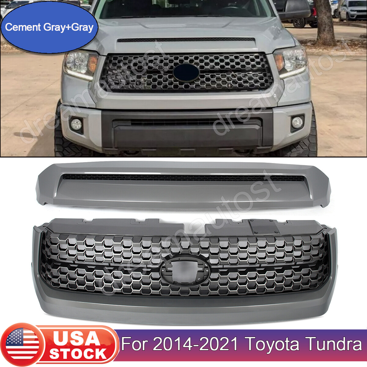 For 2014-2021 Toyota Tundra IH5 Cement Gray Front Grille&Hood Bulge Molding Set
