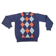 THE CHILDRENS PLACE Navy Blue Orange Argyle Cotton V-Neck Sweater Boys Small
