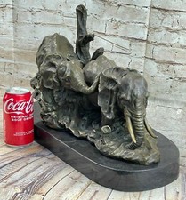 Large African Bull Elephants Bronze Marble Base Sculpture by Bugatti Statue SALE