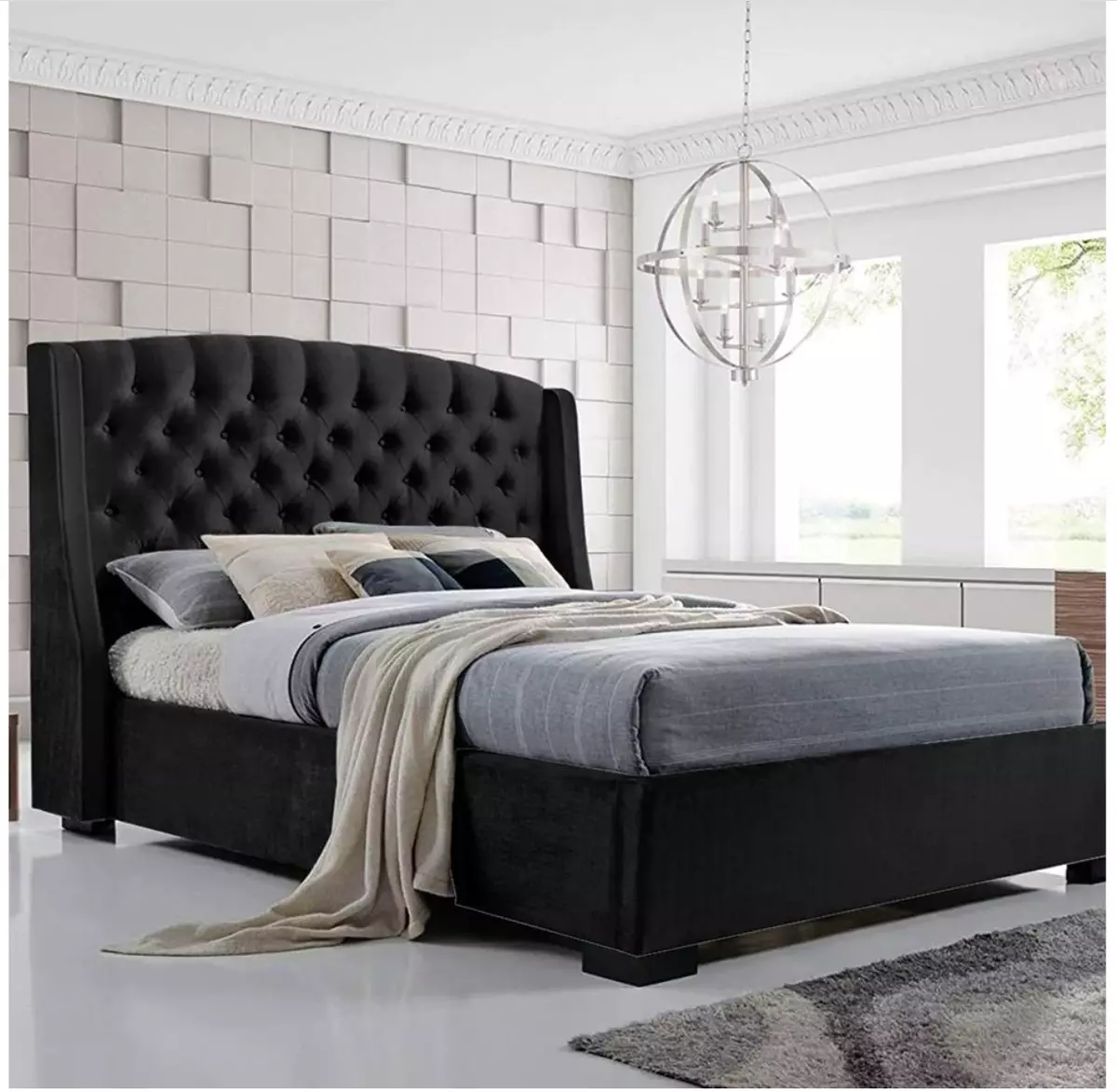 NEW ITALIAN DESIGNED KING SIZE BLACK BUTTONED VELVET BED FRAME modelS164 K BL