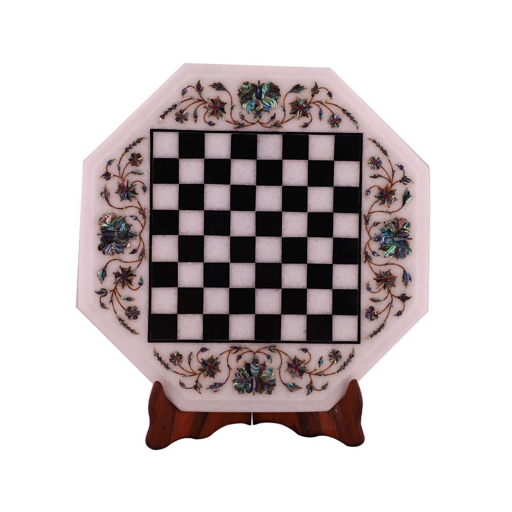 Octagonal White Marble Chess Table Top Inlay Pietra Dura Work