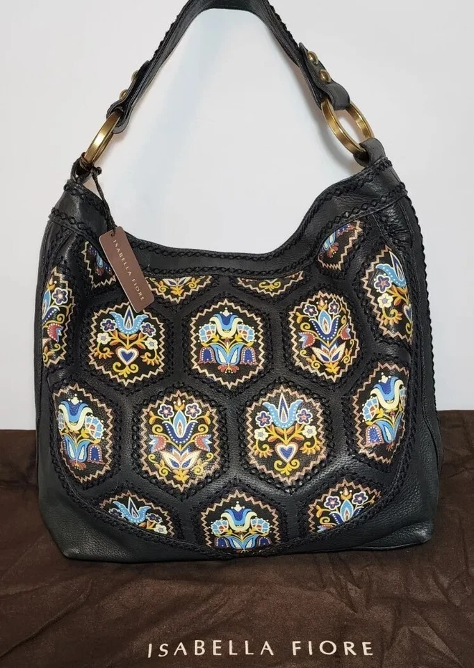 ISABELLA FIORE FOLK TALE FANTASY LEATHER  APPLIQUE CROCHETED SHOULDER BAG RP$625