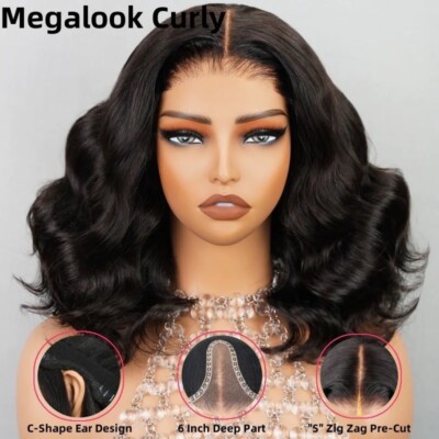 Echthaarperücken UK Damen Full Glueless Wear & Go Wavy Lace Front Short Bob Wig